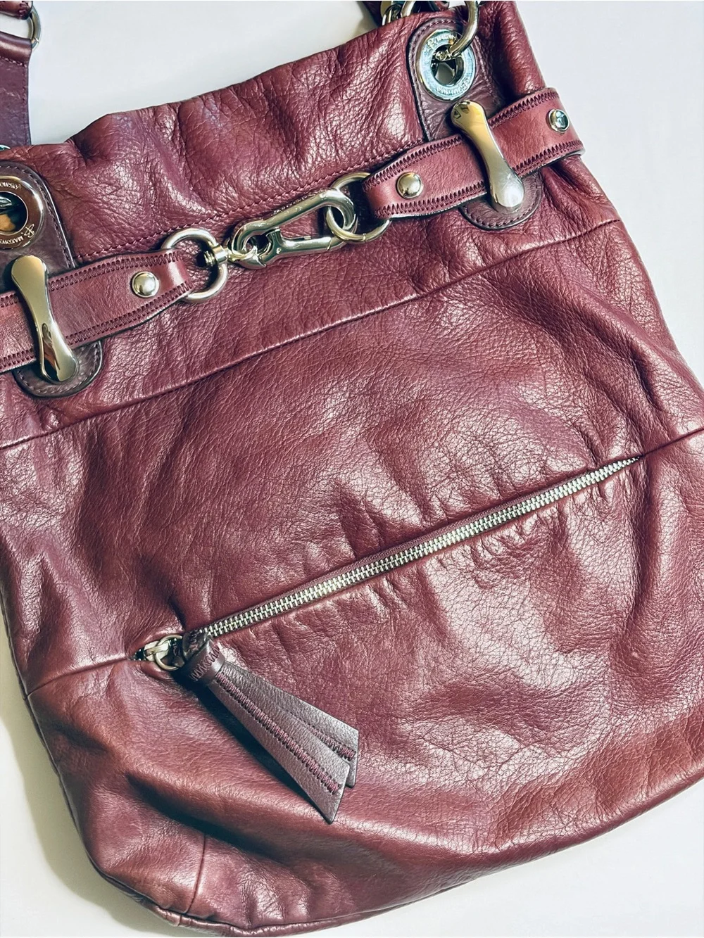 B. Makowsky VTG Plum Leather Slouchy Hobo Shoulder Bag Tote Silver Accent - EUC